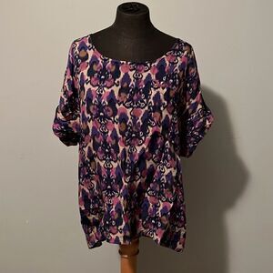 Sanctuary Women's Purple Ikat Allover Print Loose Fit Scoop Neck Blouse